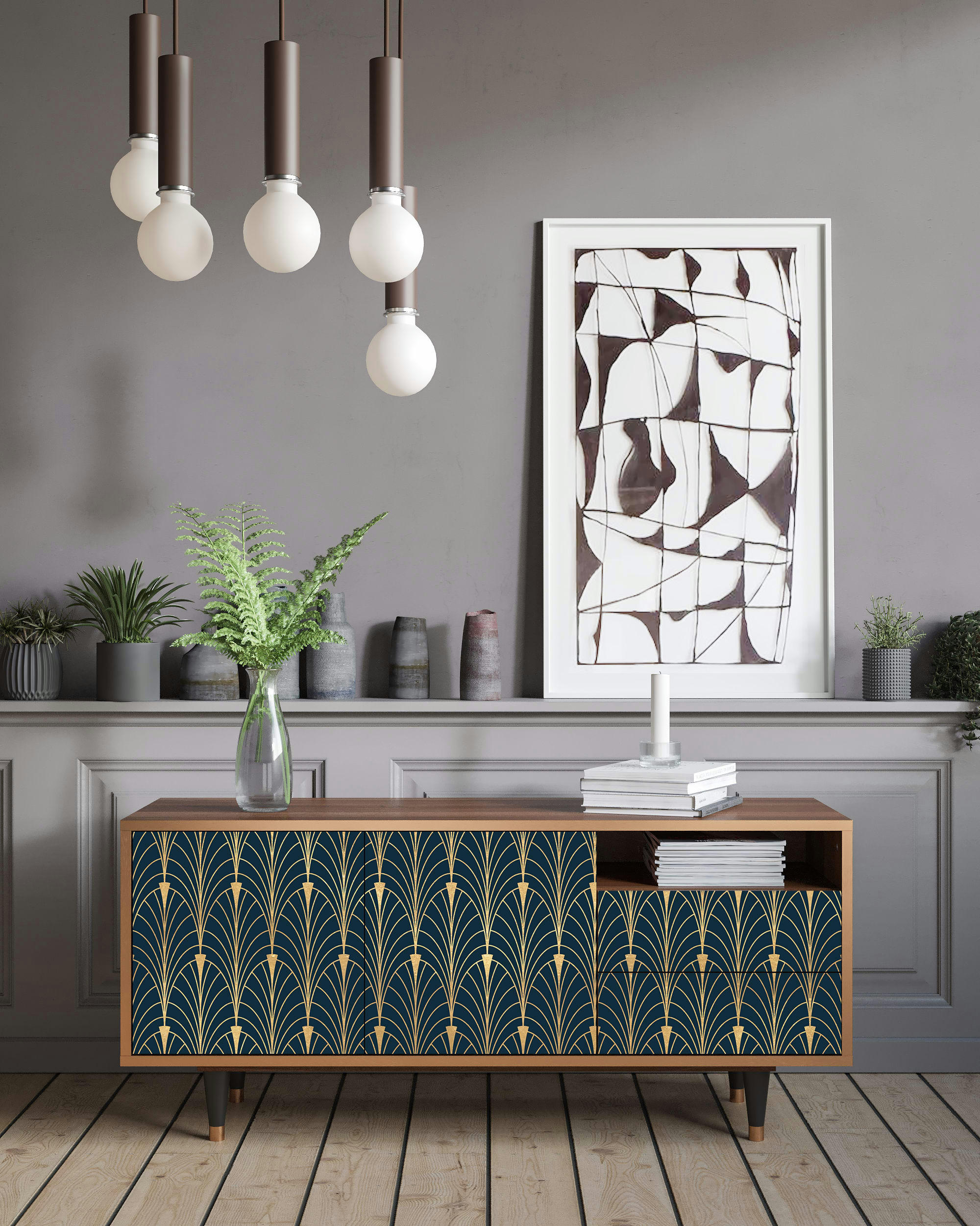 FLOWER OF THE NILE - Meuble TV  bleu et jaune 2 tiroirs et 2 portes L 125 cm