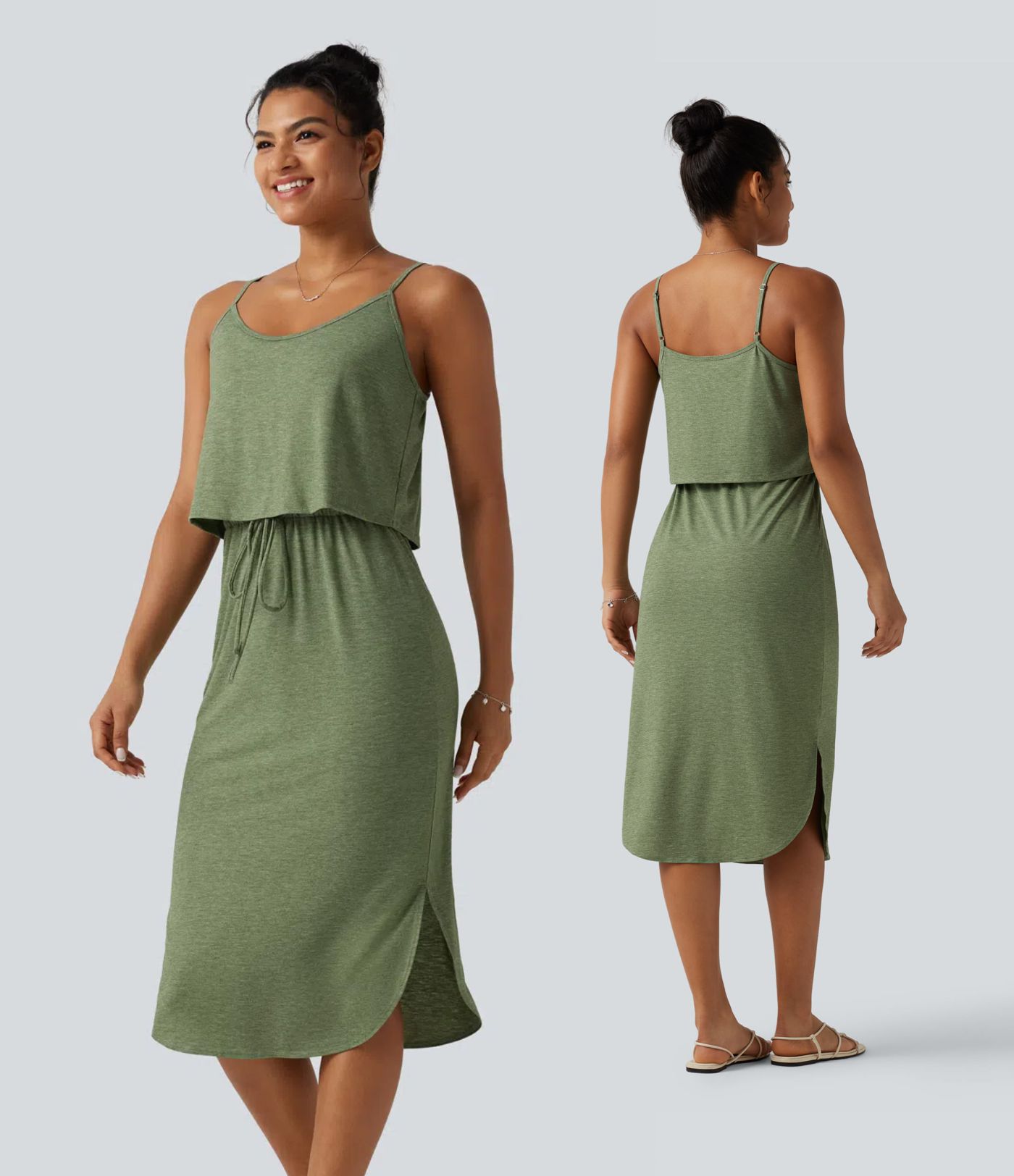 Robe nuisette midi casual à ourlet courbé fendu et cordon de serrage
