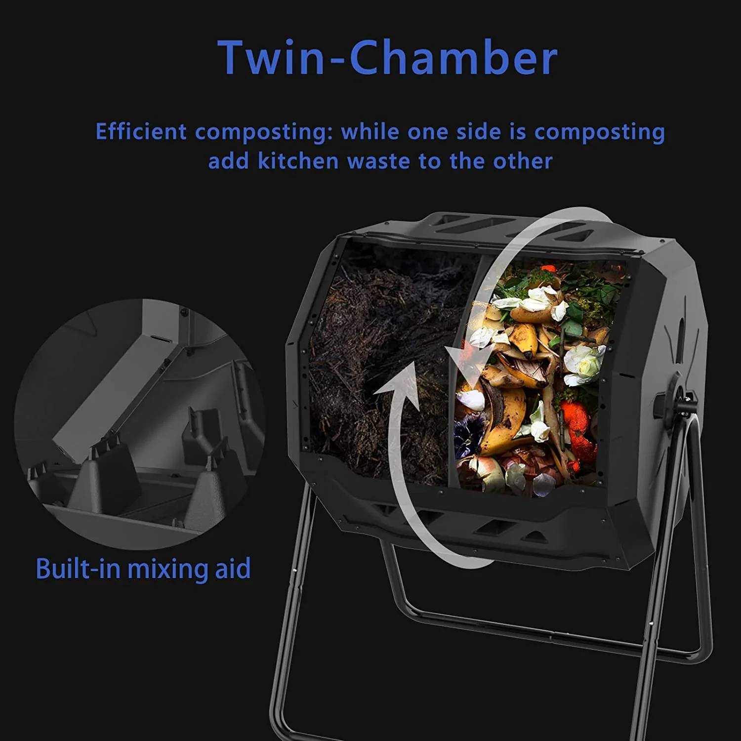 Large Compost Tumbler Bin Dual Compartment Better AirCirculation Efficient Compost BPA Free Sturdy Steel Frame 43Gallon (2 21.5Gal) Blue Door