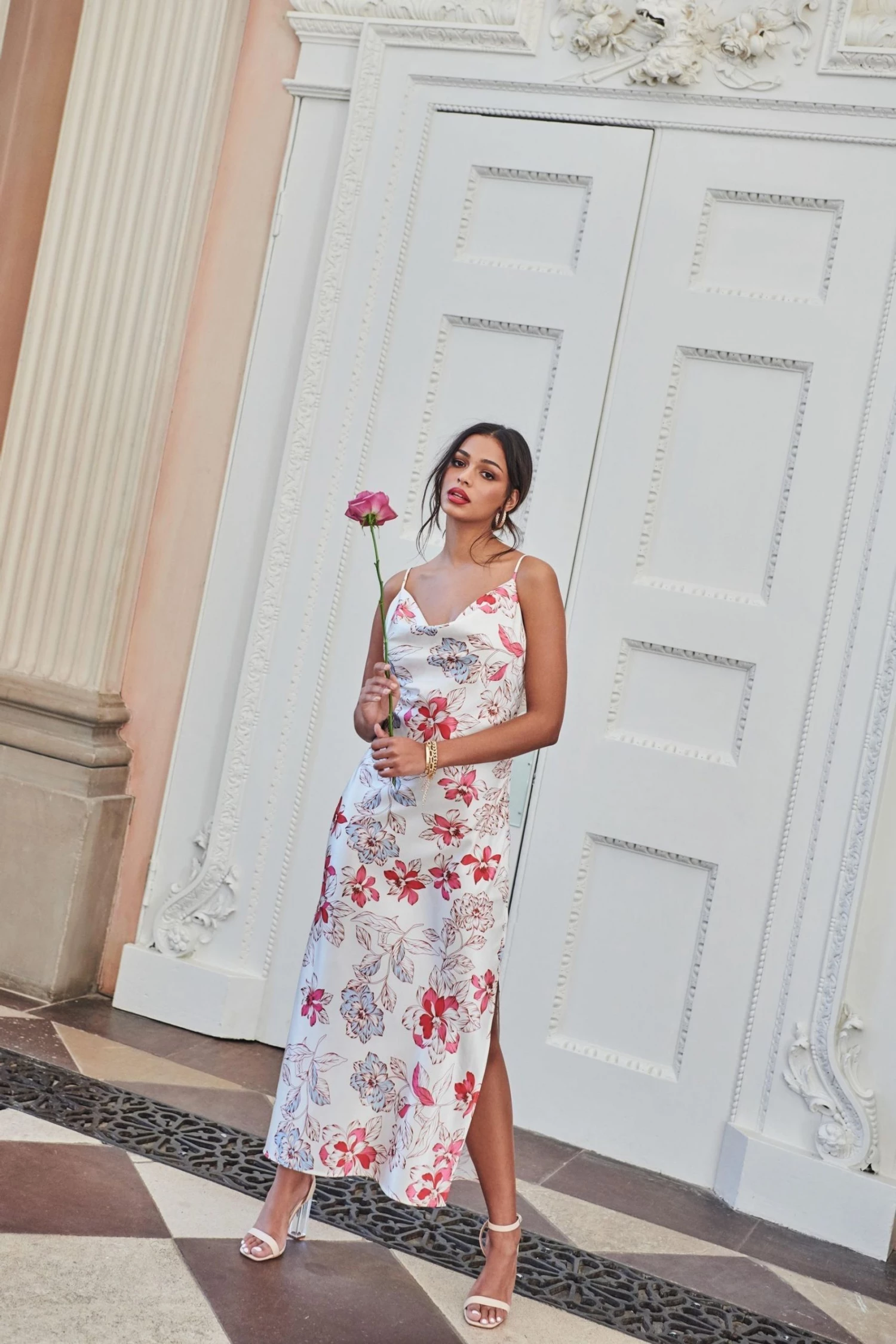 Quiz Cream Satin Floral Cowl Neck Midi Dress