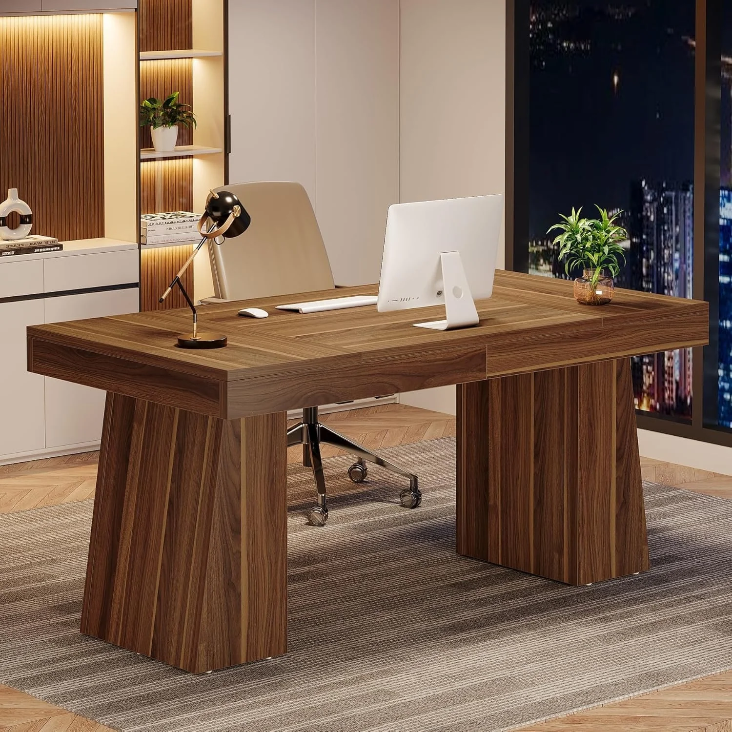55 Inches Modern Executive Desk, Wood Computer Desk, Business Workstation Desk