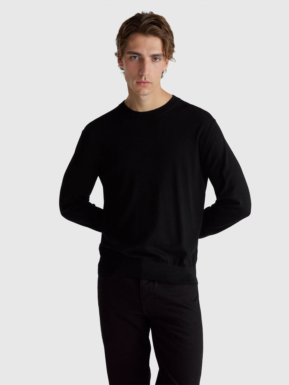 Black sweater in pure Merino wool