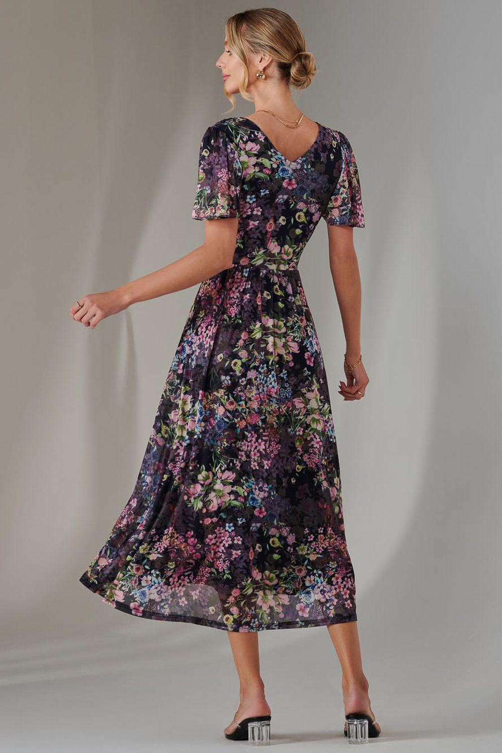 Jolie Moi Angel Sleeve Wrap Bodice Mesh Maxi Dress