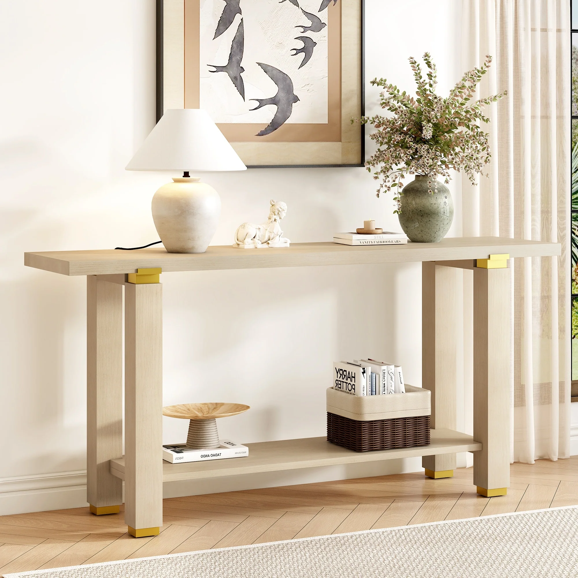 62.9 Modern Minimalist Console Table, Solid Wood Entryway Sofa Table with Metal Accents, Built-in Shelf