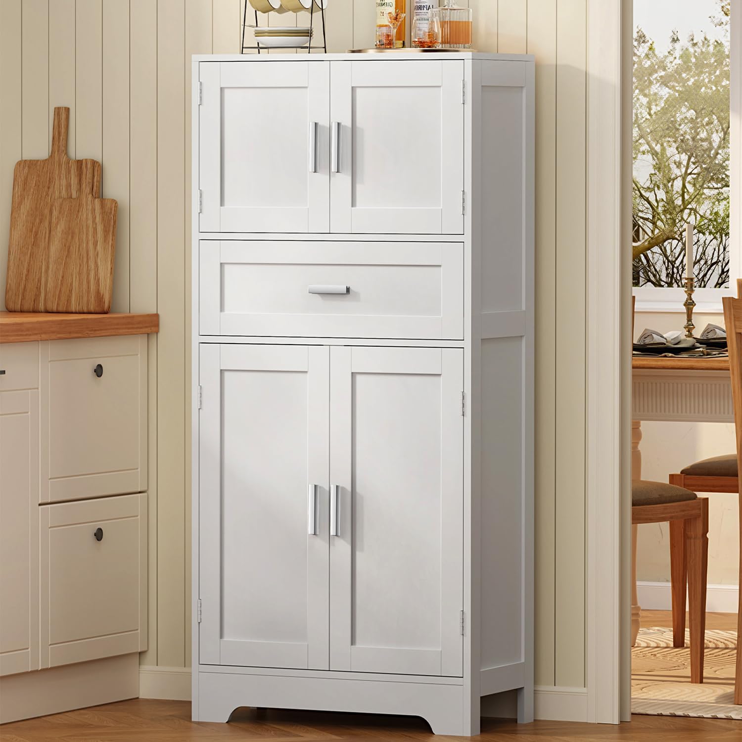 TEENFON Bathroom Storage Cabinet with Adjustable Shelf & Large Drawer, Tall Storage Cabinet with 4 Doors, Kitchen Pantry Storage Cabinets, for Living Room, Dining Room, Home Office, Entryway, White