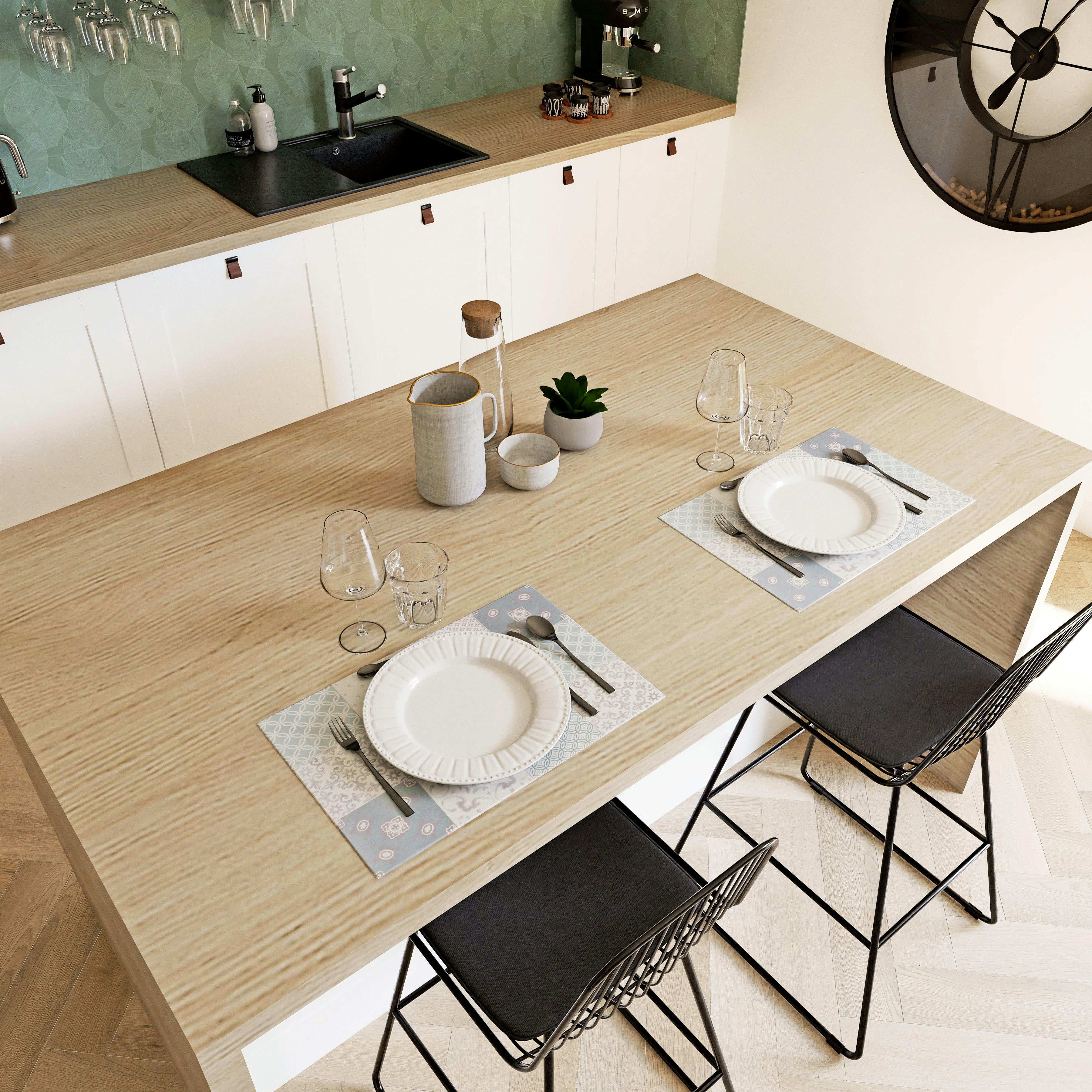 SERA - Set de table en vinyle motifs carreaux de ciment bleus, blancs et gris