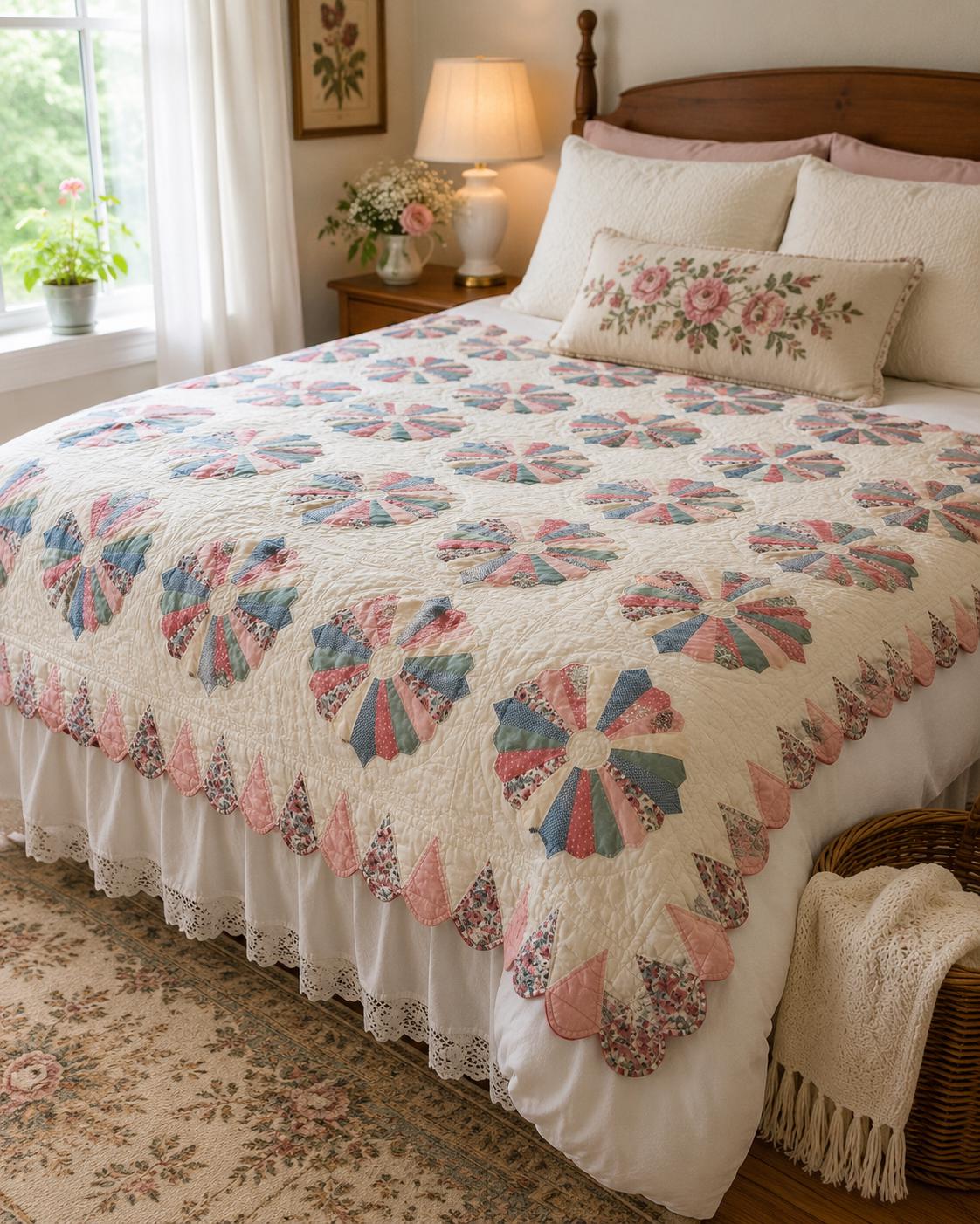 Vintage Arch Quilts Dresden Plate Quilt: Pastel Floral, Scalloped Edge (78