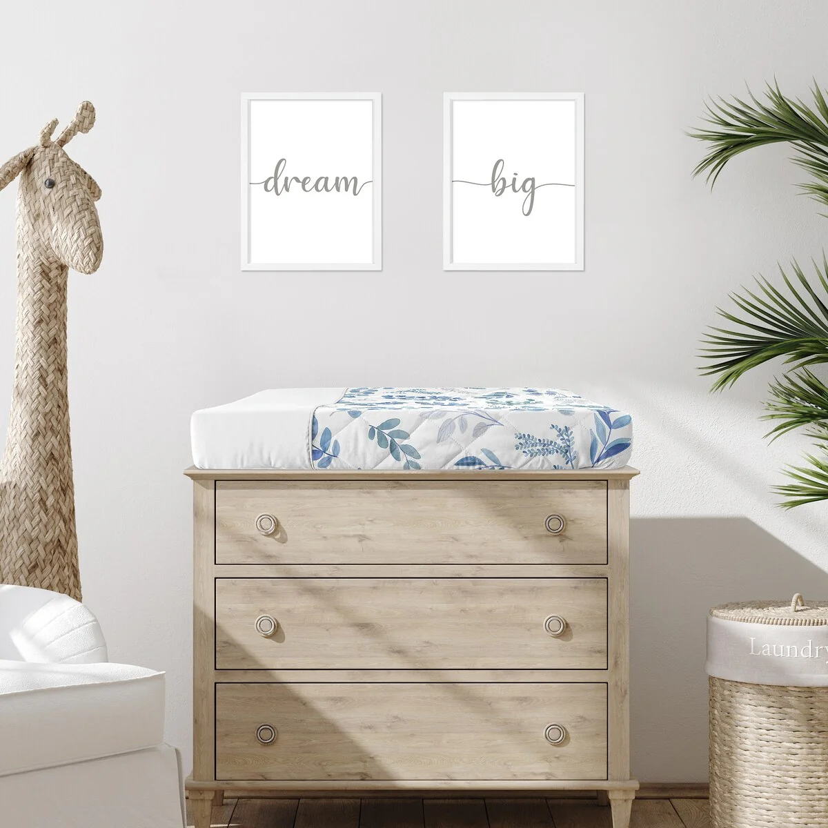 Floral Leaf Collection Boy Girl Changing Pad Cover - Blue Grey White Boho Watercolor Botanical Flower Woodland Tropical Garden