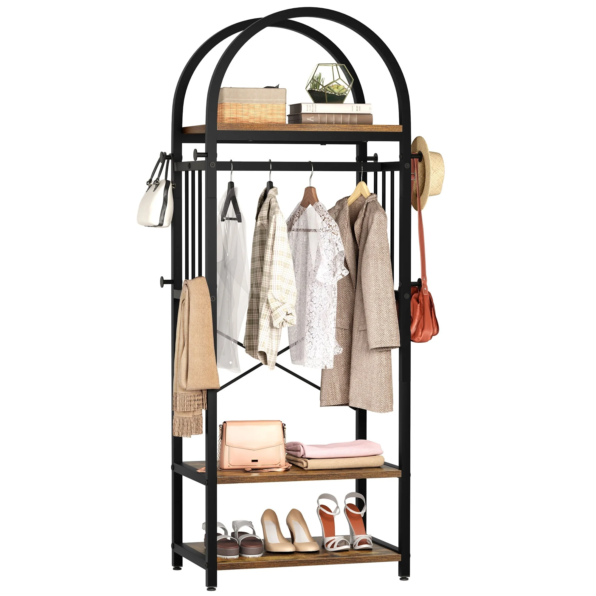 Freestanding Hall Tree Coat Rack with 8 Hanging Hooks Storage Shelves for Hallway Bedroom