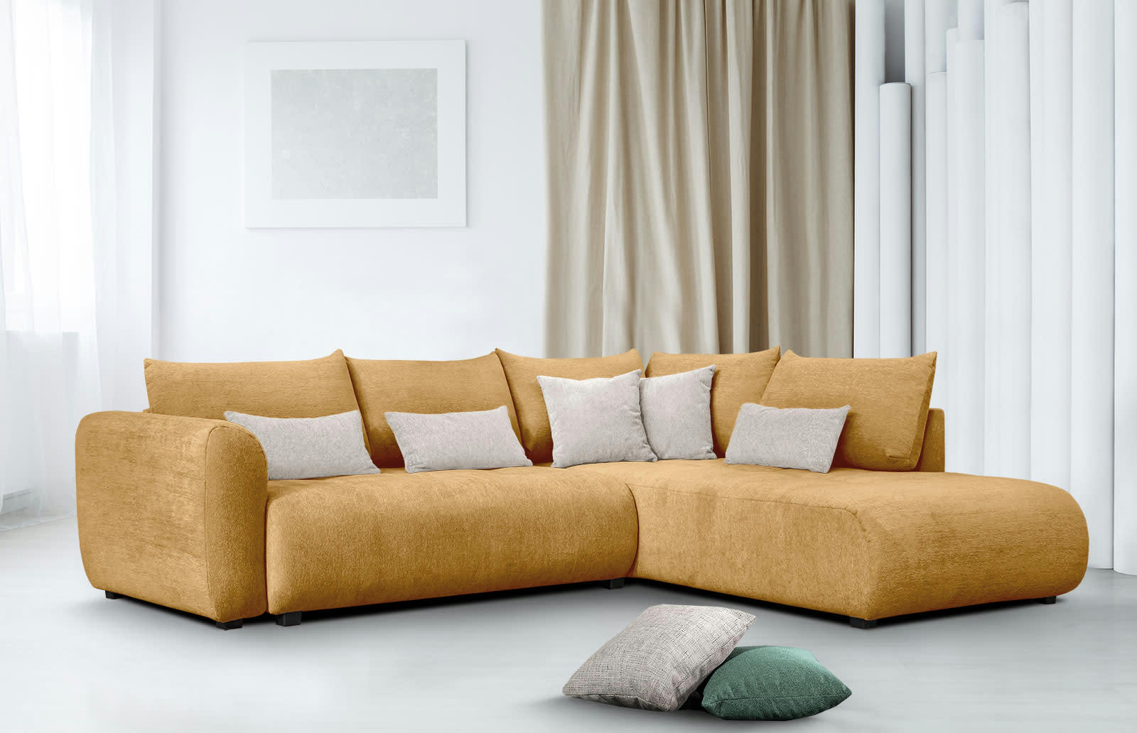 SORENO - Canapé d'angle droit 5 places jaune avec le couchage