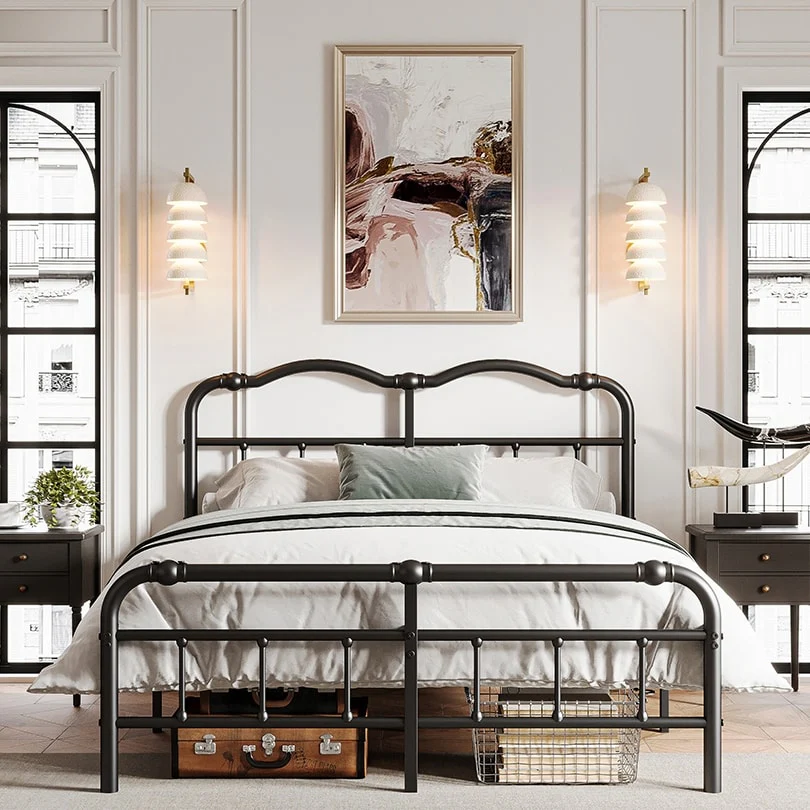 Heavy-Duty Anti-Wobble 14 Inch Bed Frame With Wavy Art Headboard, No Needed Box Spring