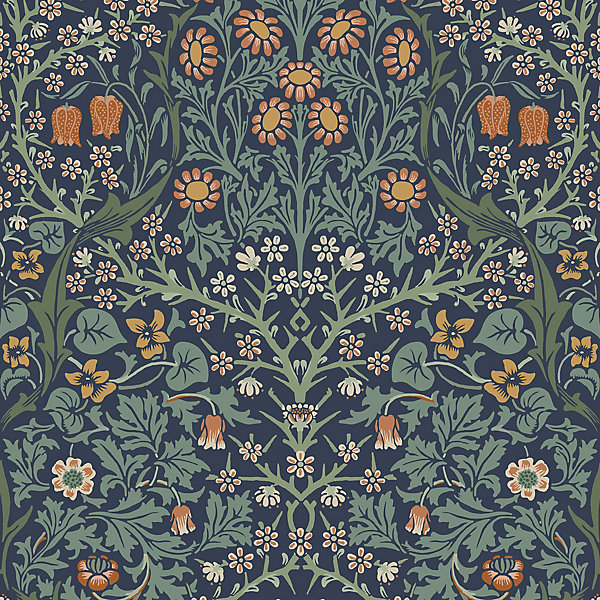 Papier vinyle intissé fleuri, fleurs de prunellier bleu L.1000 x l.52 cm William Morris Blackstorn