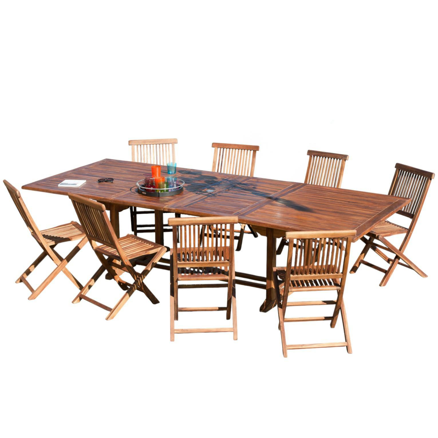 Salon de jardin en Teck massif huilé Table extensible 200/300x120x75cm   8 Chaises MACAO