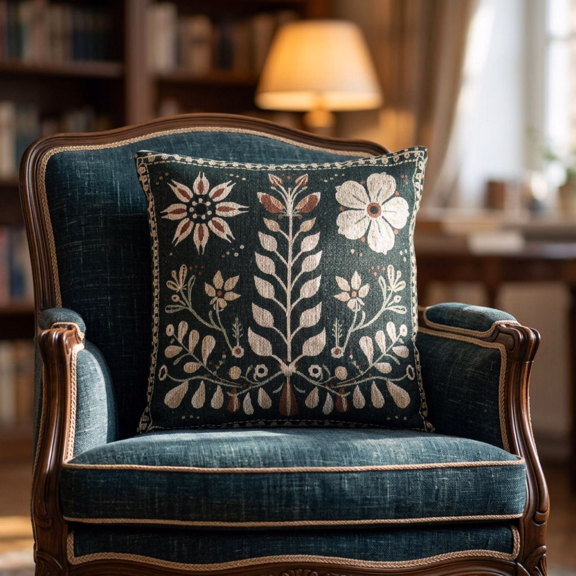 Scandinavian Folk Art Woven Cushion, Woven Nordic Floral Throw Pillow, Swedish Folk Decor, Cottagecore Flower Pillow