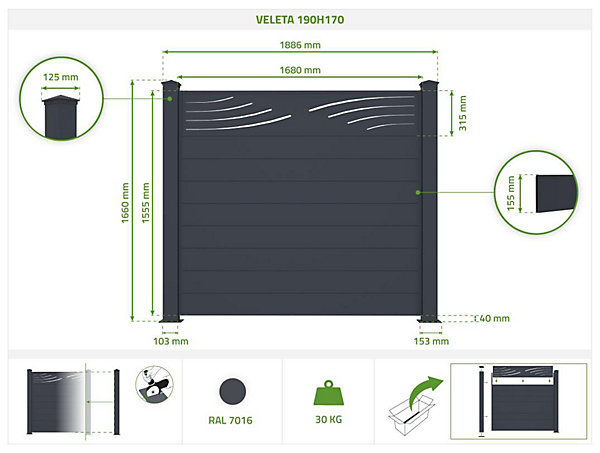 Panneau de clôture 1,9m VELETA H.170cm aluminium Gris