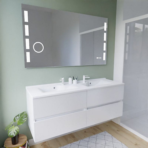 Meuble double vasque 140 cm ROSALY INOX   miroir LED Excell Plus- Blanc