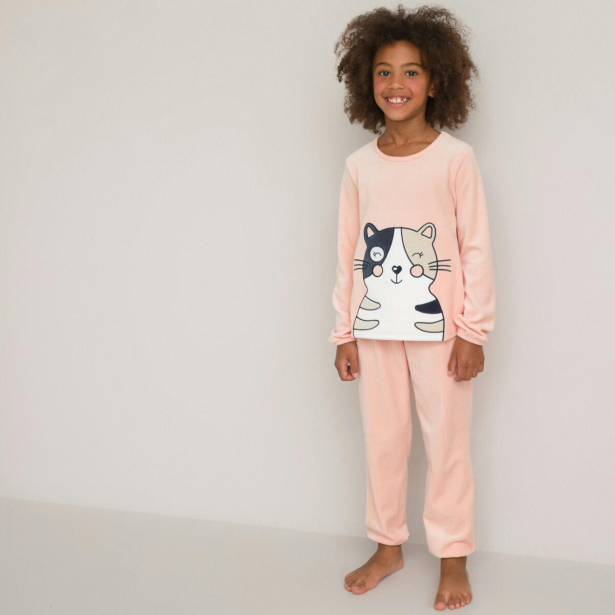 Pyjama en velours, motif chat brodé