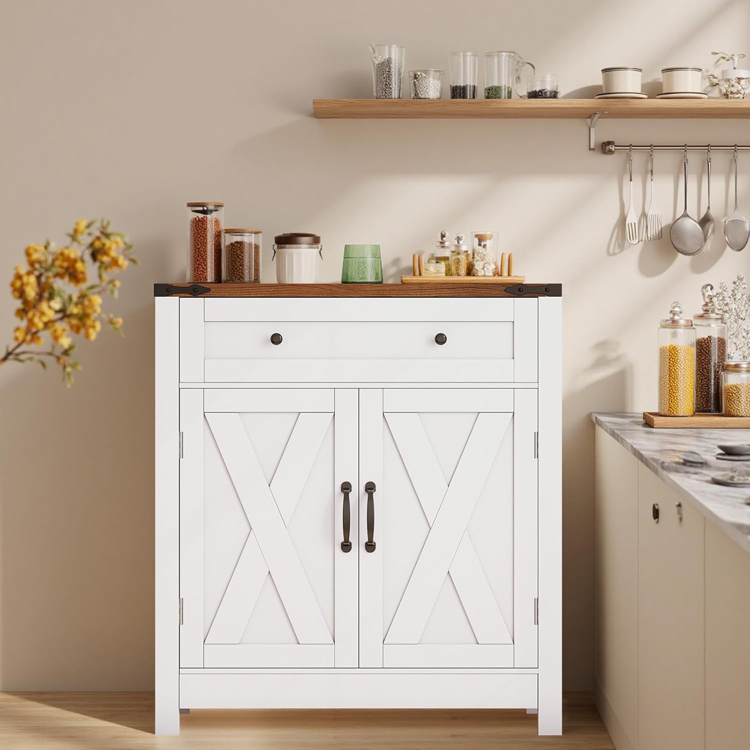 GRUSIGN 30 Coffee Bar Station, Kitchen Sideboard Buffet Cabinet with a Drawer and Adjustable Shelf, Modern Farmhouse Storage Cabinet for Kitchen, Living Room, Entryway, White