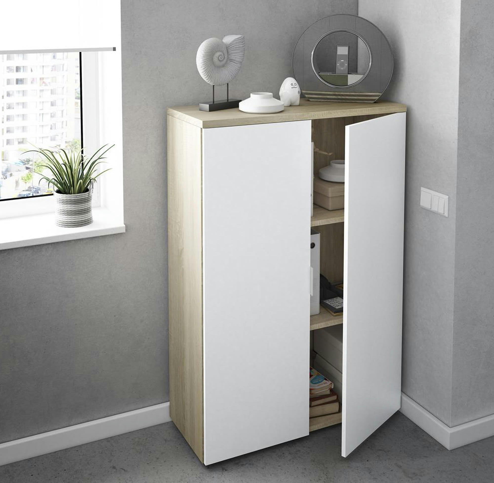 PLANO - Armoire polyvalente à 2 portes effet chêne et bois blanc