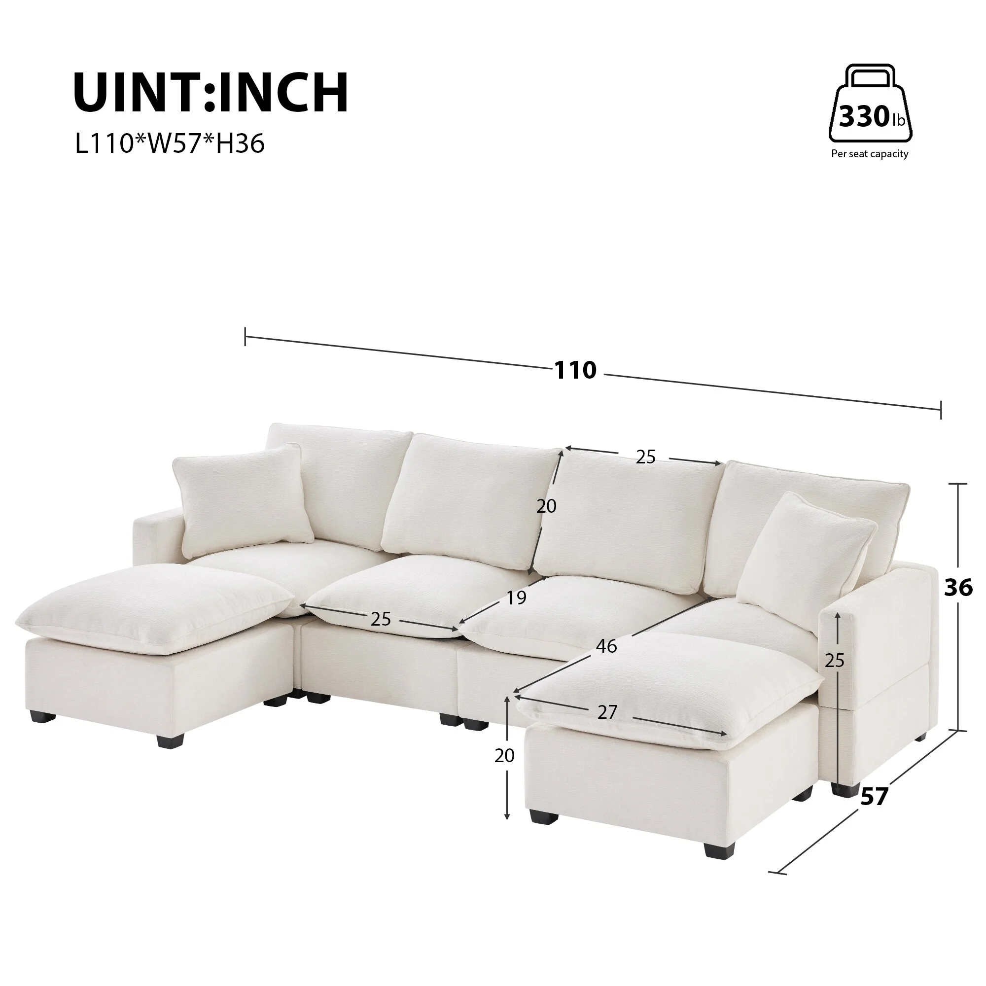 White 110 Modular Chenille 6-Seat Sectional Sofa Set with 2 Pillows and 2 Ottomans for Living Room or Apartment
