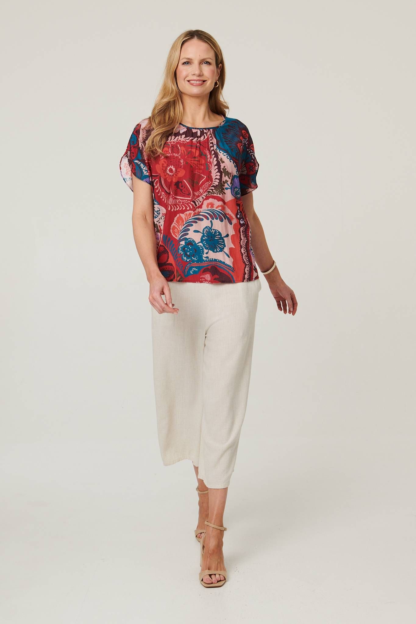 Izabel London Floral Short Angel Sleeve Ruched Blouse