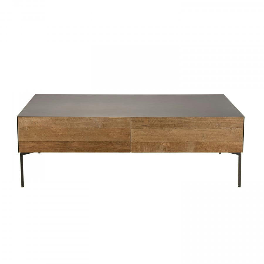 MADISON - Table basse 2 tiroirs teck recyclé pieds métal gris anthracite L111
