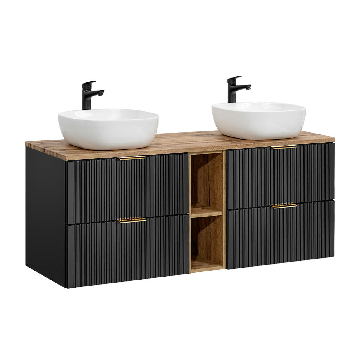 - Meuble double vasque 140cm 2 niches noir et naturel