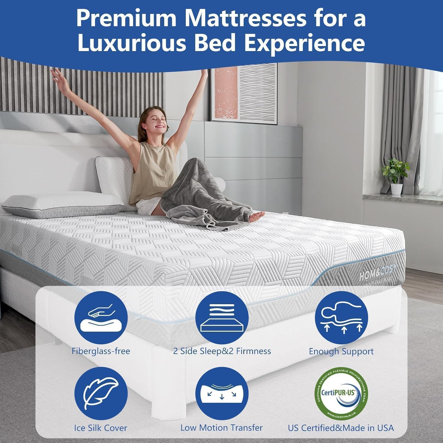 Extra Firm Mattress King 12 Inch, Green Tea/Gel Memory Foam Mattress with Fiberglass-Free Cover,Two Side White Medium Firm/Extra Firm High-Density-Mattress for Back Pain,CertiPUR-US,in USA, 80x 76