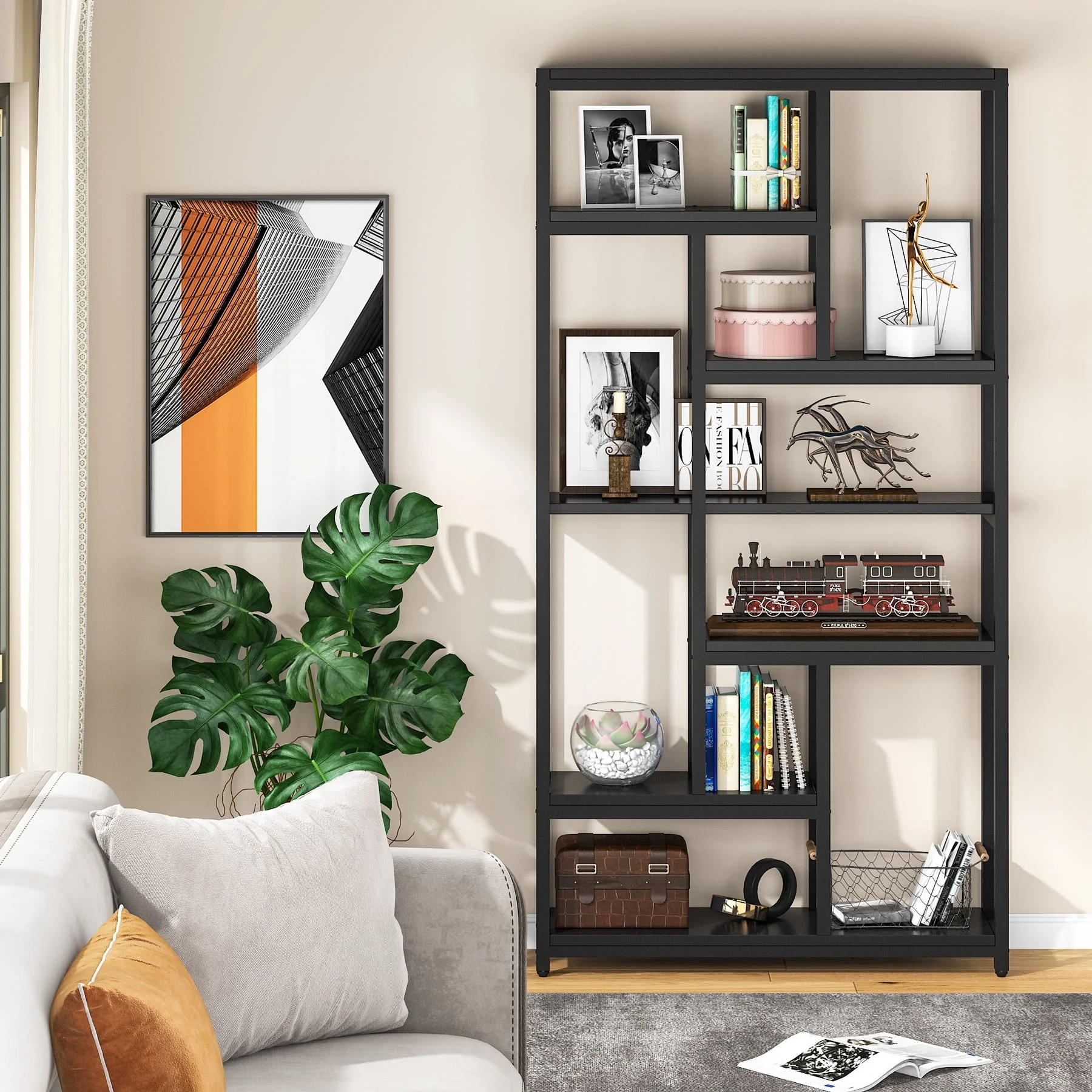 6-Tier Etagere Bookcase, Industrial Geometric Bookshelf