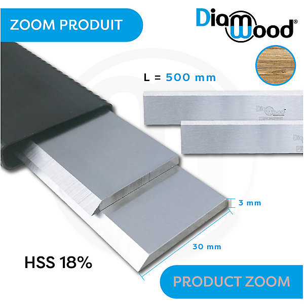 Jeu de 2 Fers de Dégauchisseuse/Raboteuse PRO 500 x 30 x 3 mm Acier HSS 18% (les 2 Fers) - Diamwood