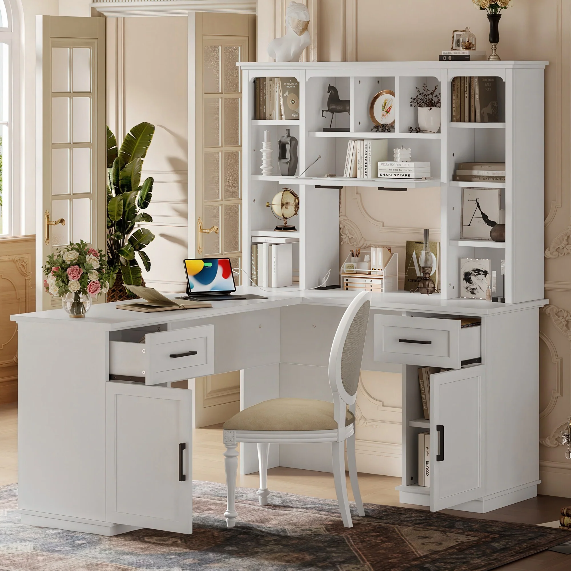 L-Shaped Computer Desk with 2 Cabinets and 2 Drawers