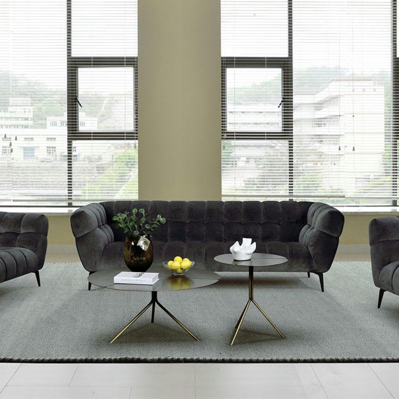 BRIO - Canapé 3 places velours gris capitonné et piètement en métal