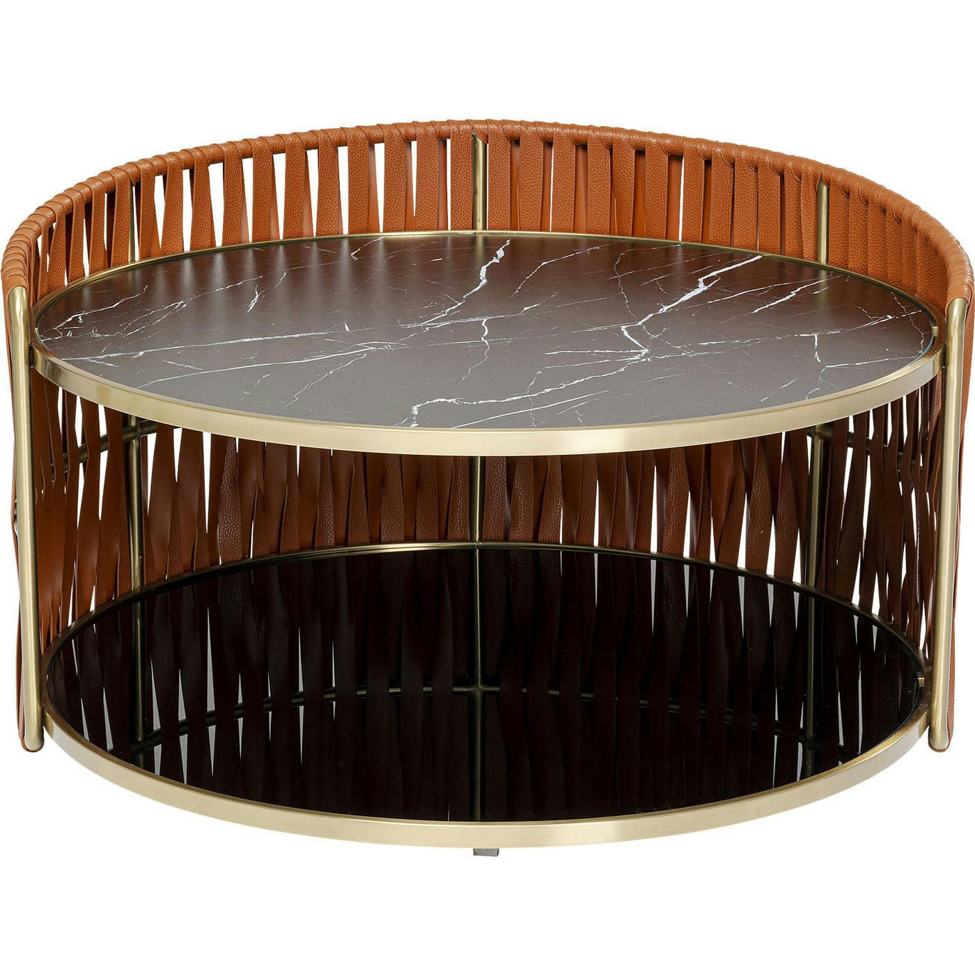 - Table basse ronde en verre effet marbre noir et acier doré