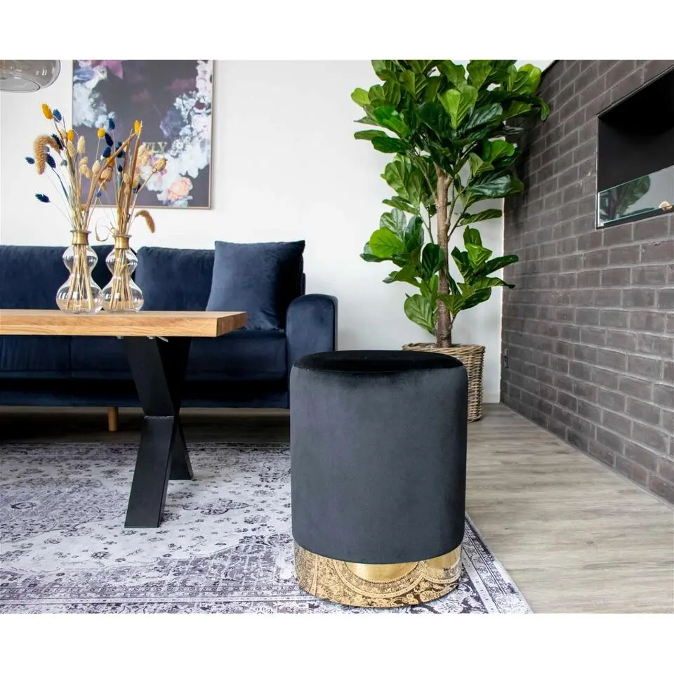 House Nordic Poef Gamby Velvet Zwart &Oslash;34x43cm