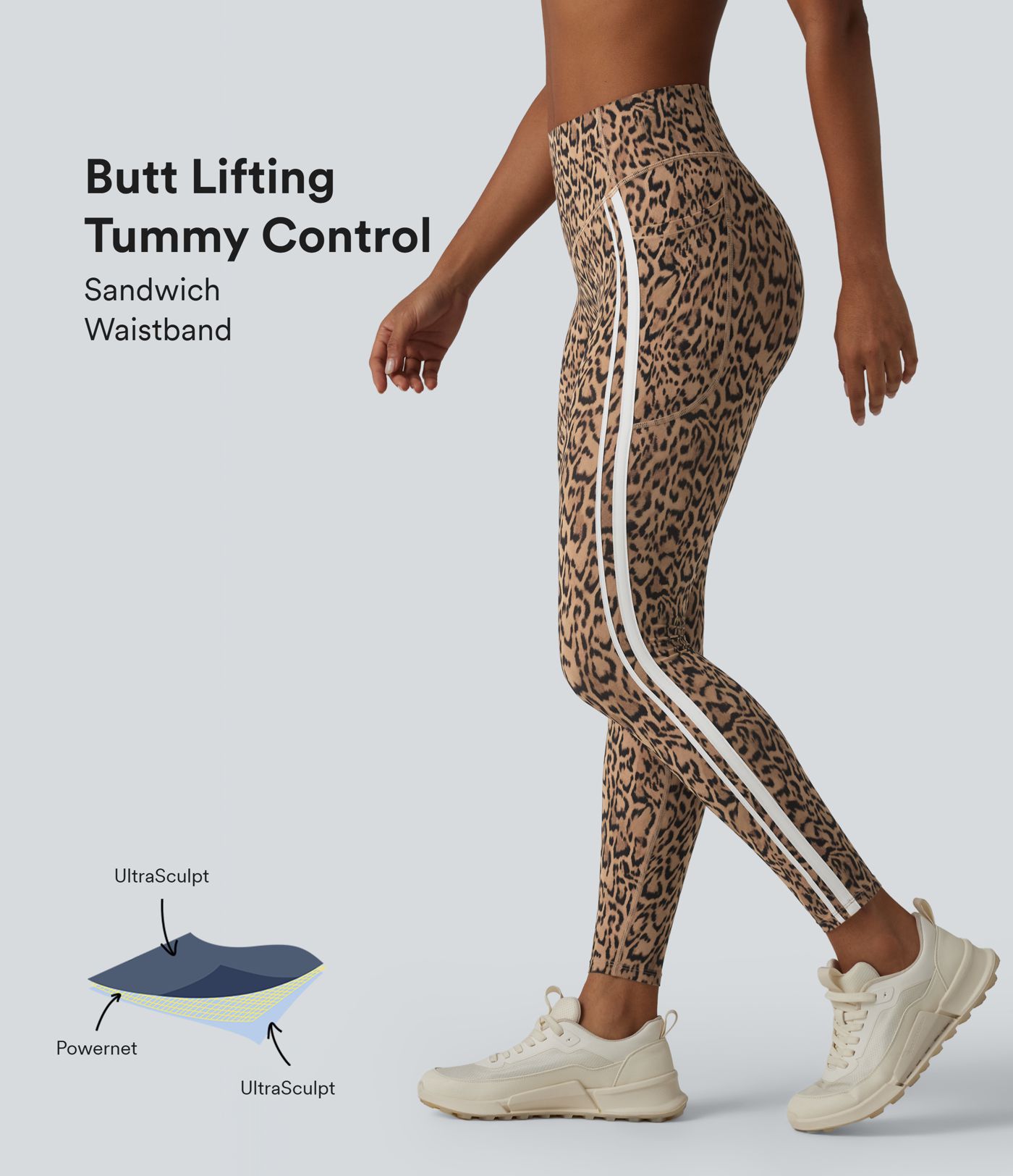 Legging 7/8 d'entraînement Halara UltraSculpt™ imprimé léopard, taille haute, ventre plat, push-up, rayures color block avec poches