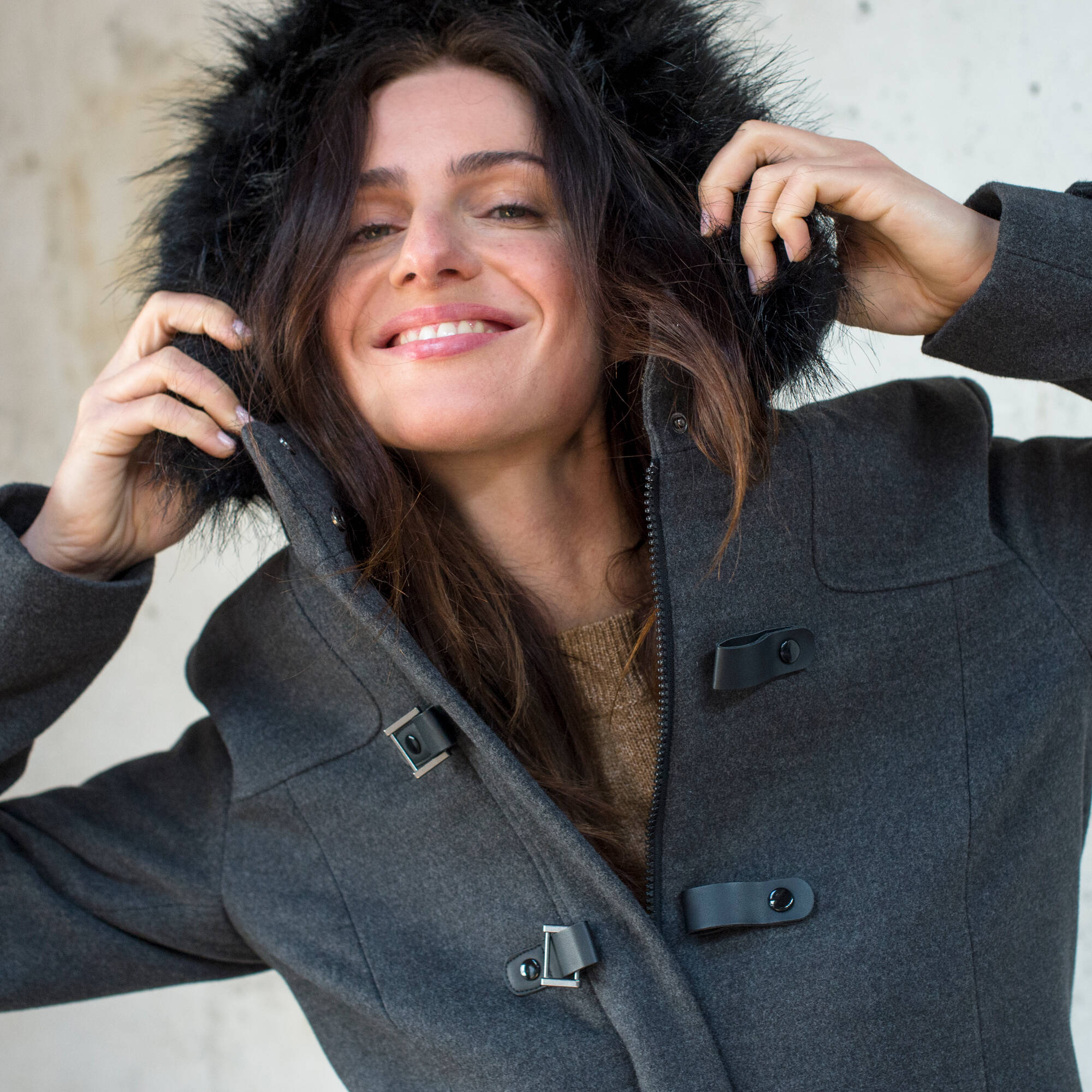 Duffle-coat capuche fausse fourrure uni