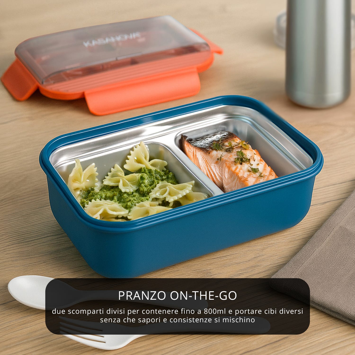 Porta pranzo con divisorio e posate Clicks blu arancio