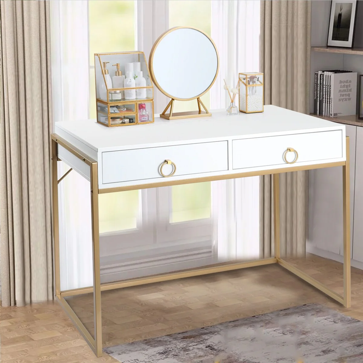 Anmytek Modern Computer Desk White Gold Vanity Desk Study Writing Table with 2 Drawers for Home Office