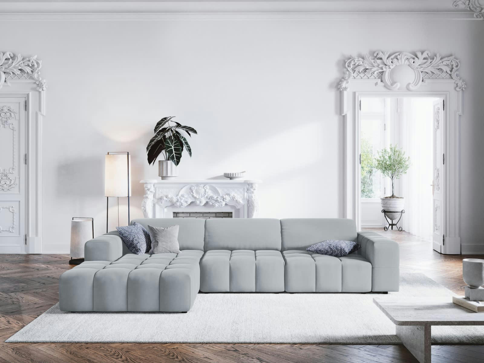 LUC - Canapé d'angle gauche 4 places en tissu velours bleu clair