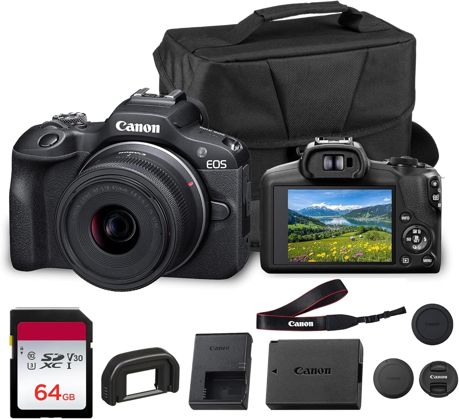 Canon EOS R100 Mirrorless Camera with RF-S 18-45mm f/4.5-6.3 is STM Lens | 24.1MP APS-C CMOS Sensor  Dual Pixel AF  Full HD Video | Compact RF Mount Camera for Beginners with Bag and 64GB Card