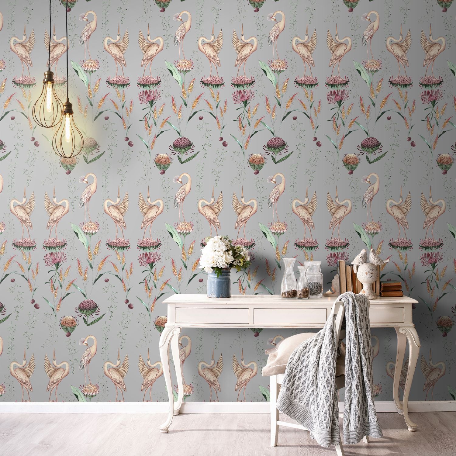 Walls4You behang kraanvogels grijs en roze - 53 cm x 10 m - 640150