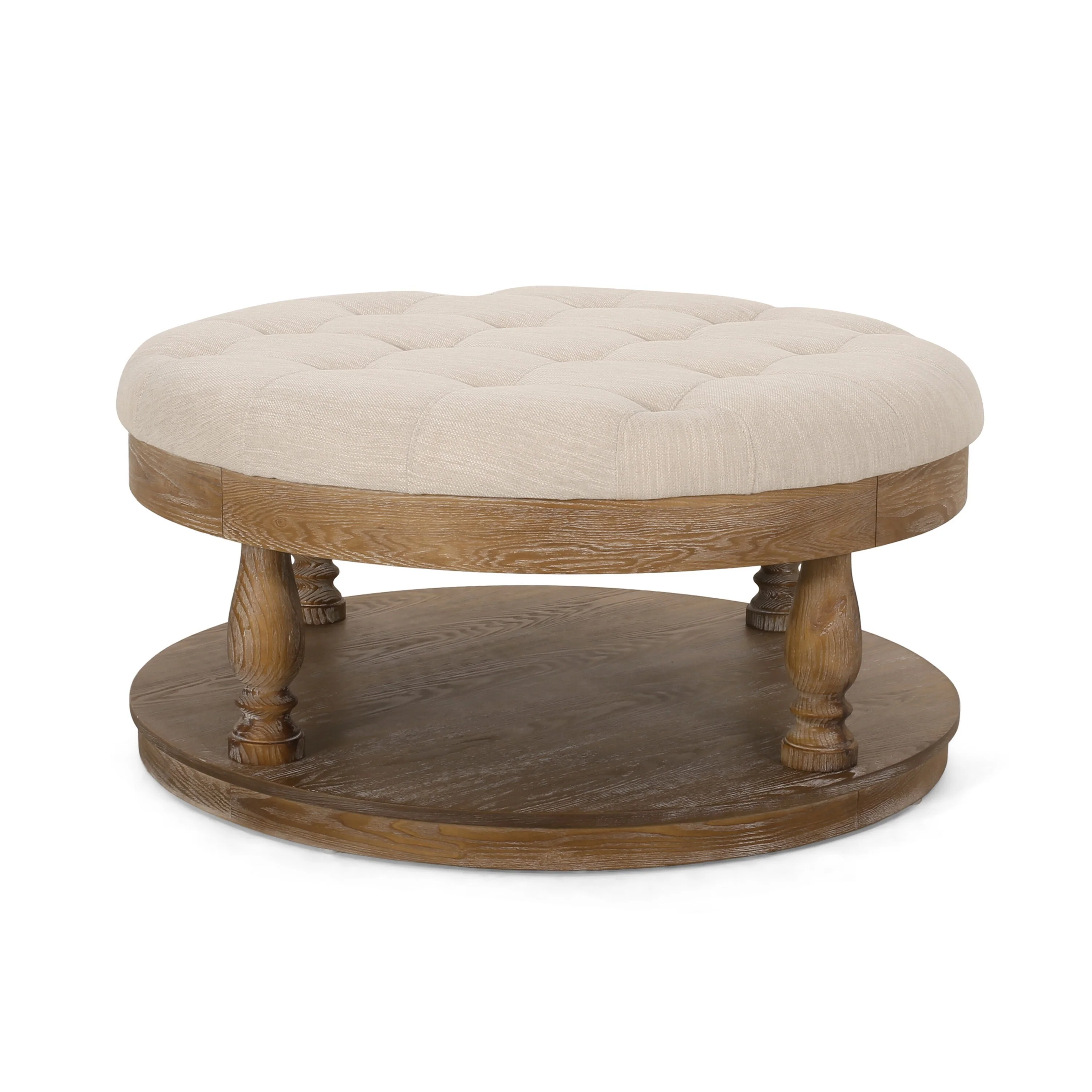 Sanya Ottoman Table, Beige Fabric, Brown Wood Frame, Round 40 Inch