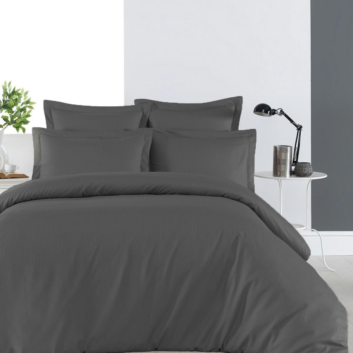 VERSAILLES - 2 taies d'oreiller rayées en satin de coton 1 anthracite 50x70 cm