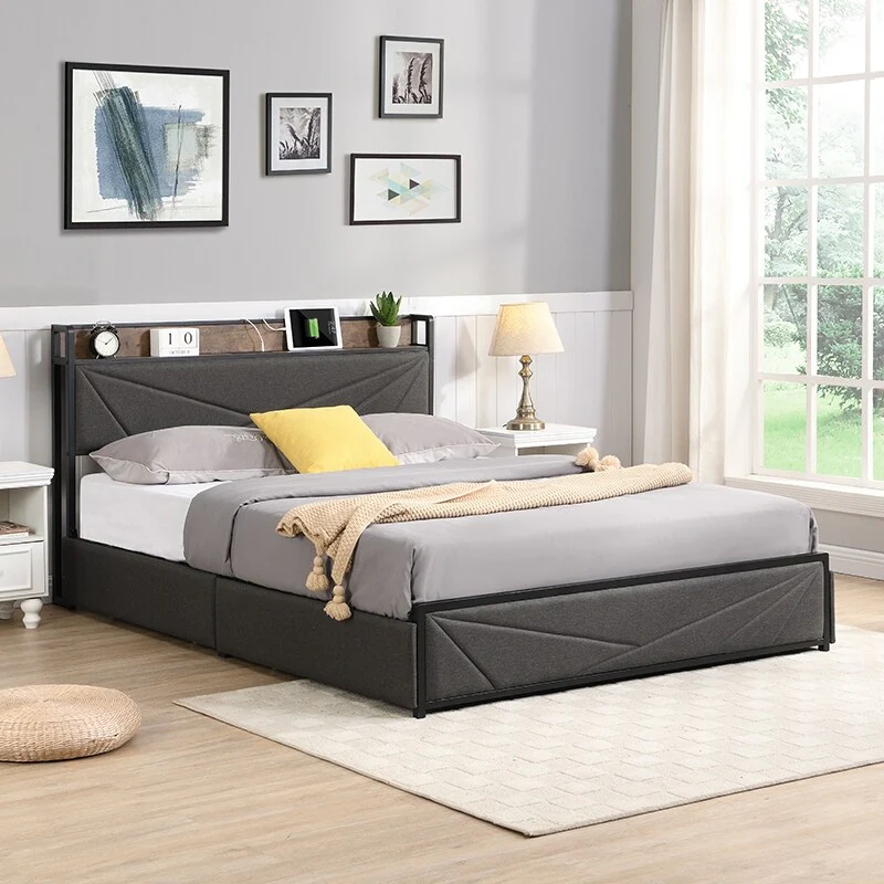 Dark Grey Queen Bed Frame with Storage Headboard