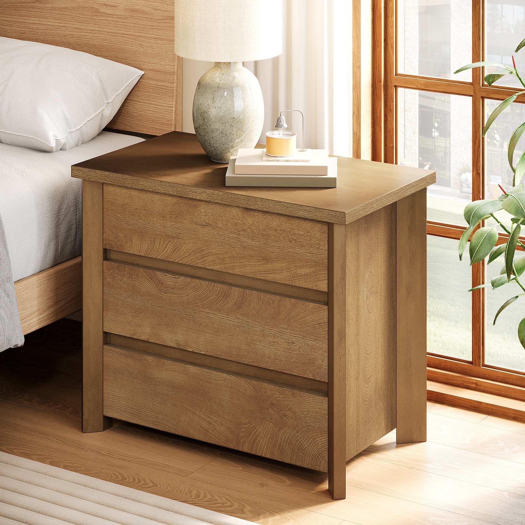 Industrial Wood Nightstand Bedside Table with 3-Drawer for Bedroom