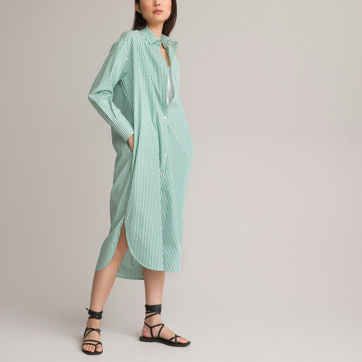 Robe-chemise longue à rayures, manches longues