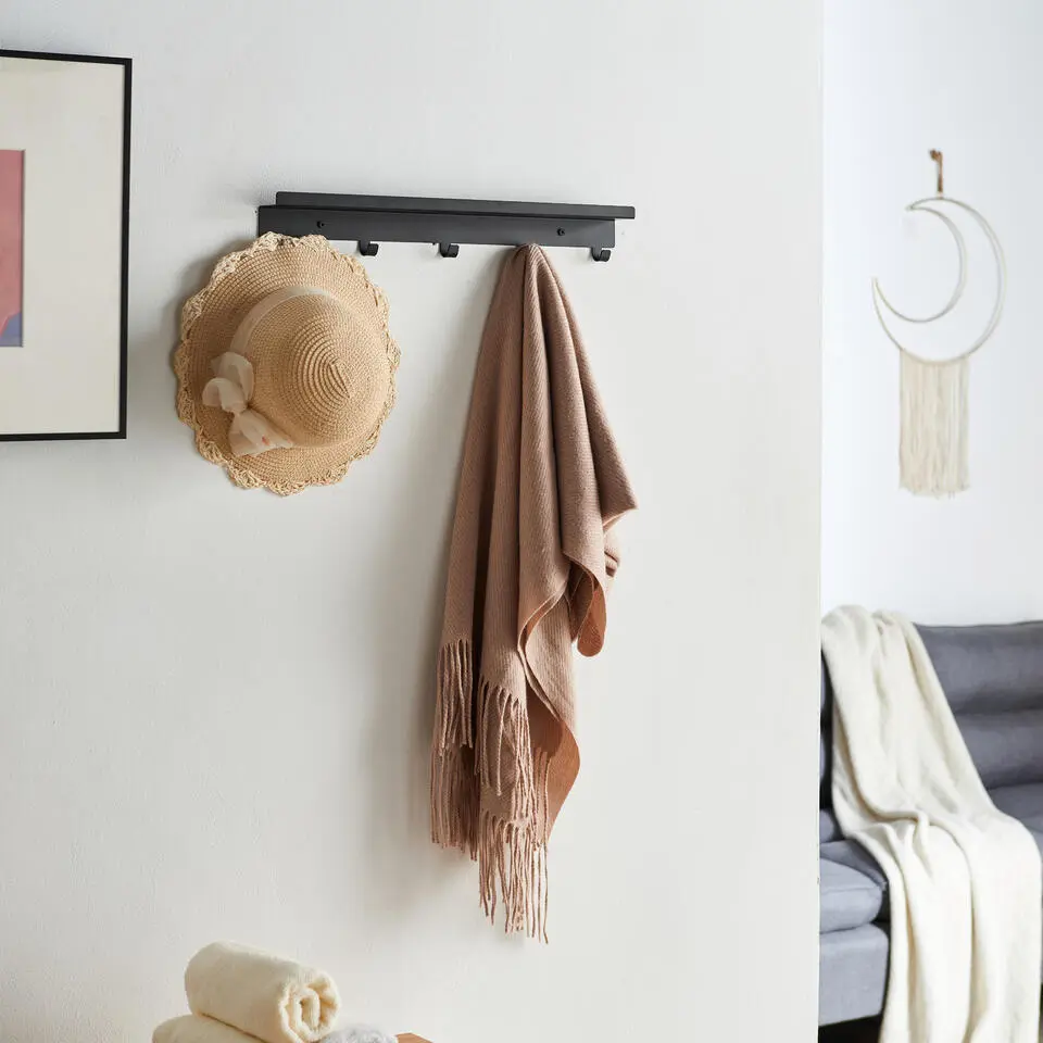 Wandkapstok, Hangende Muurkapstok - 5 Haken, Zwart