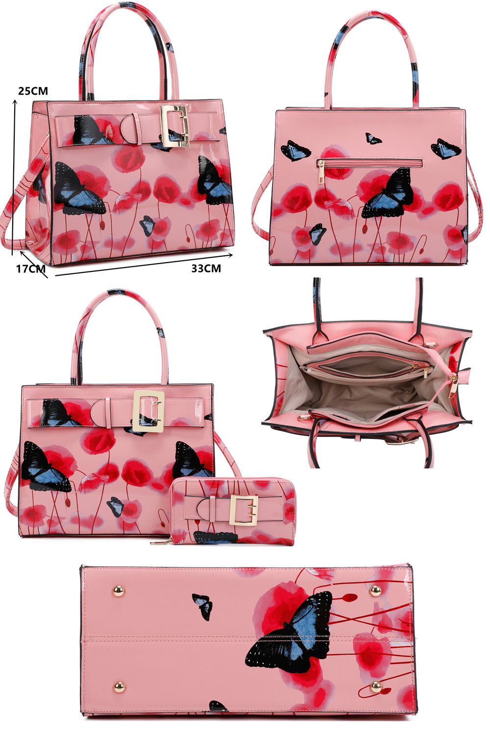 Fontanella Fashion Rouge PU Patent Poppy Flower & Buttlefly Print With Belt Detail Top-Handle Bag With Purse Set