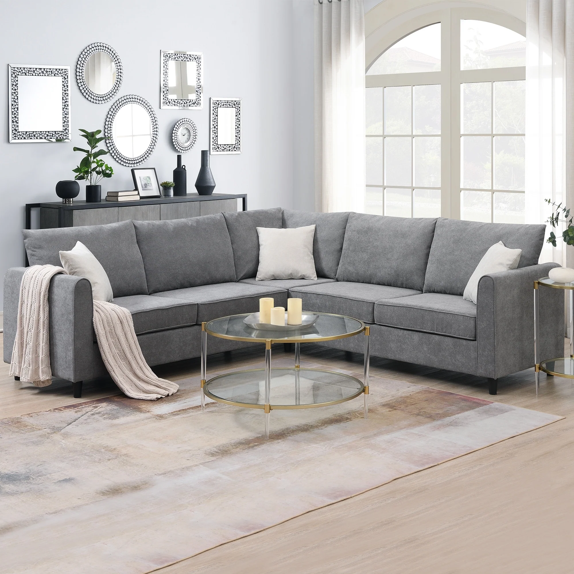 Modern Upholstered L-Shaped Sectional Sofa Couch with 3 Pillows