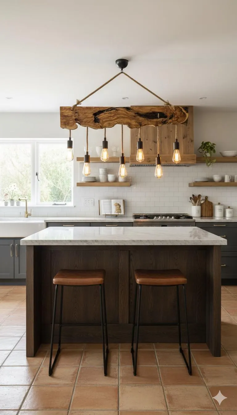Olive Wood Rustic Light Fixture, Farmhouse Wooden Live Edge Chandelier For Dinign Room, Unique Ceiling Light For Dining Table and Kitchen